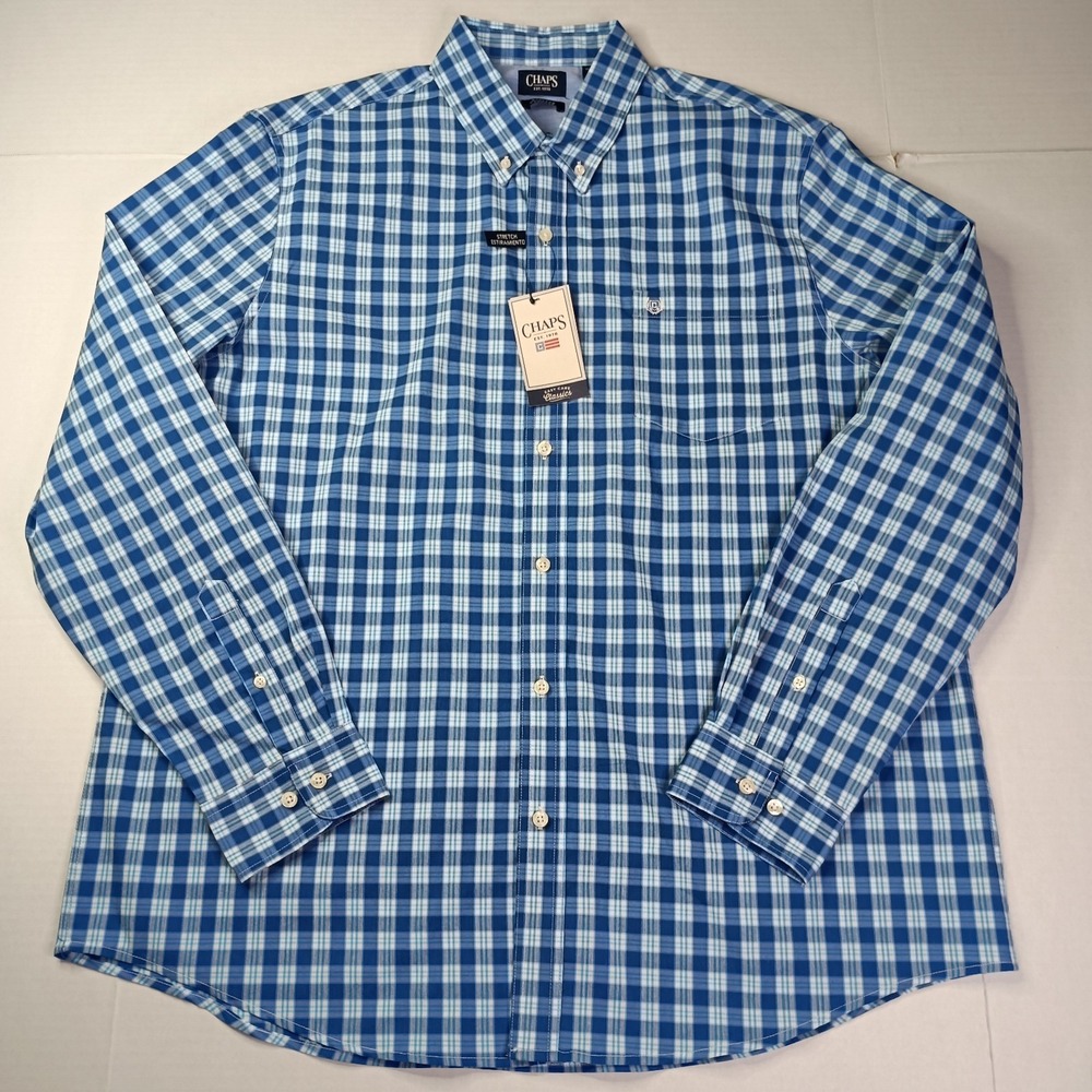 Chaps Easy Care Woven Shirt Mens Size 2XL Classic Blue Plaid Stretch Classic Fit